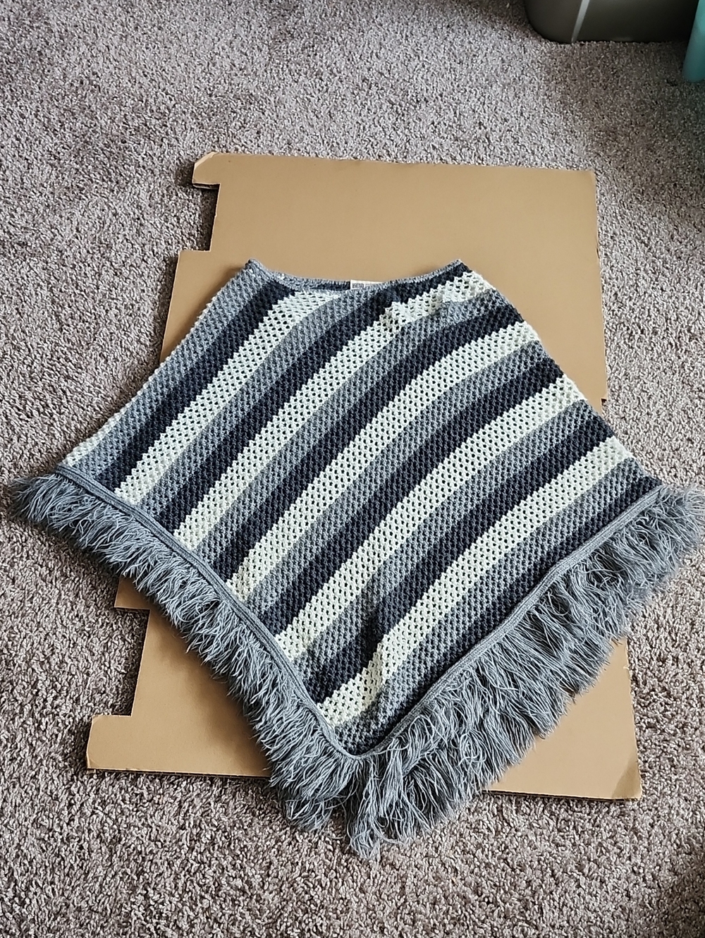 Striped Gray and Cream Fringe Crochet Poncho